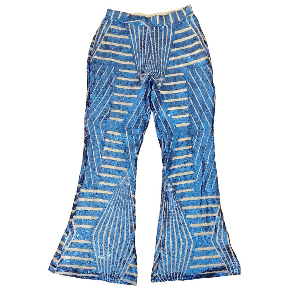 Blue Sequin Disco Bellbottom Geometric Wide Leg Flare Pants Festival Party Large